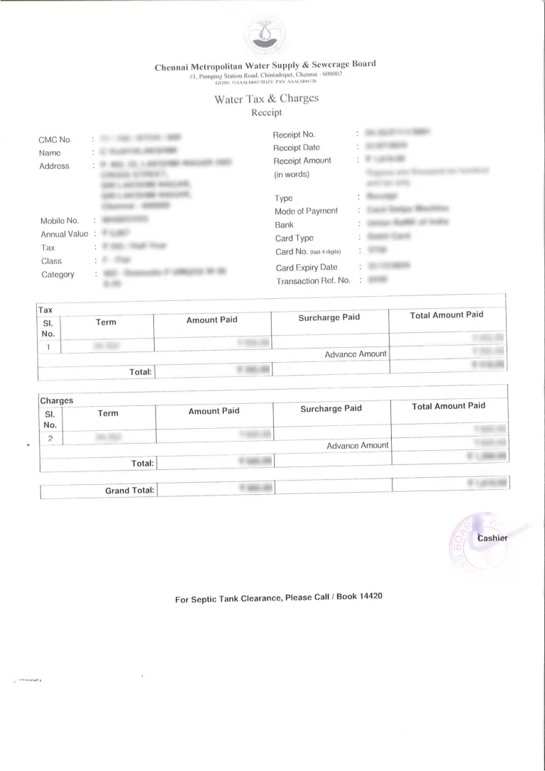 Water Tax and Charges Receipt